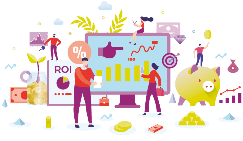 Investment, savings and income growth concept  Investors distribute money with a goal of future benefit  Financial planning, market data analytics  Investment in stock market  Flat design illustration