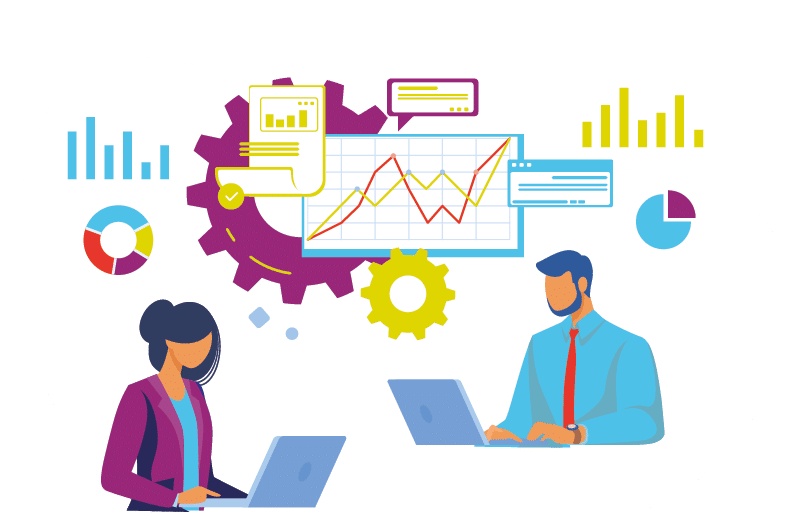 Couple of professionals analyzing graphs. Business people using laptops flat vector illustration. Business, analysis, marketing concept for banner, website design or landing web page